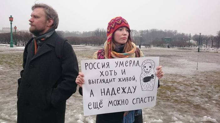 "Russia is dead, although it seems to be alive. But Nadiya can be saved." Demonstrator at International Women's Day rally on the Field on Mars, Petrograd, March 8, 2016. Photo by and courtesy of Sergey Chernov