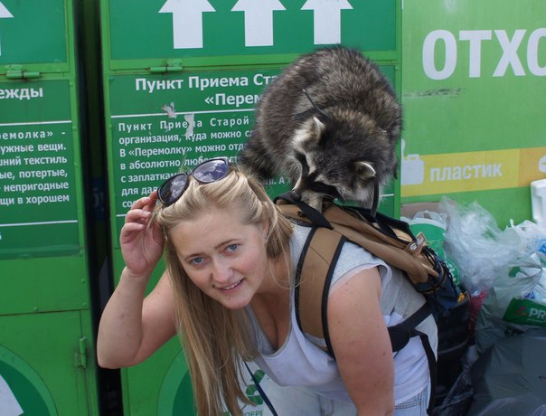 Enthusiastic recycler Masha and her pet raccoon. Photo: Ilya Snopchenko. Courtesy of Collection Point