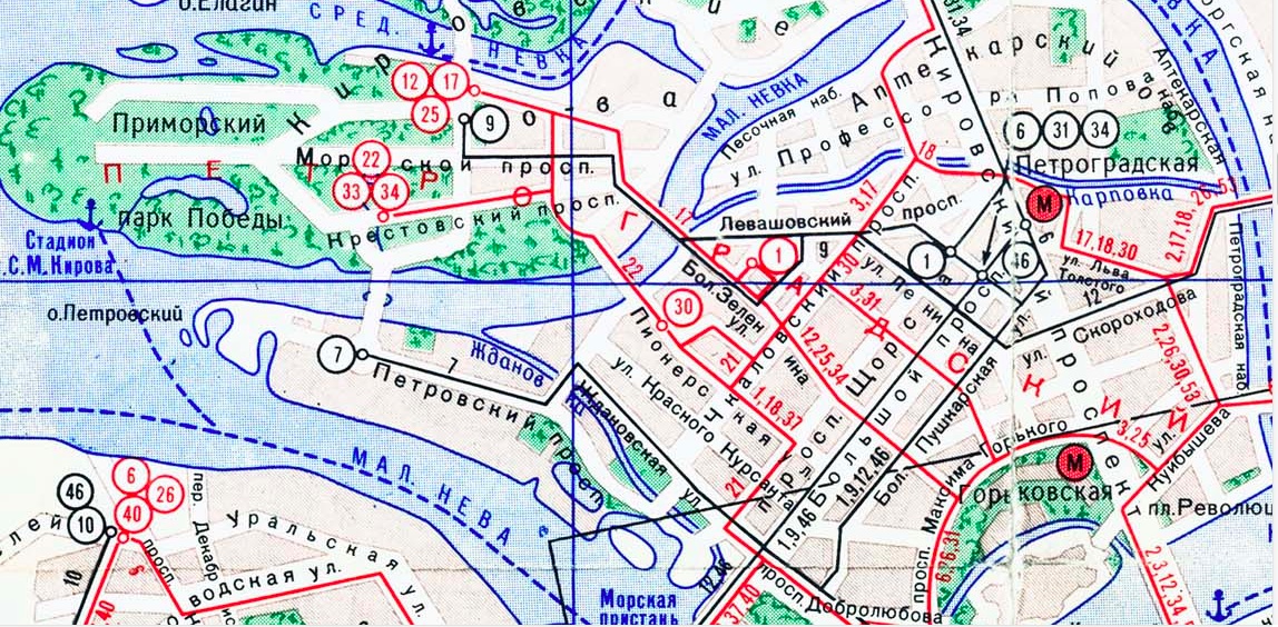 Fragment of the 1980 tram and trolley bus lines in Leningrad. 