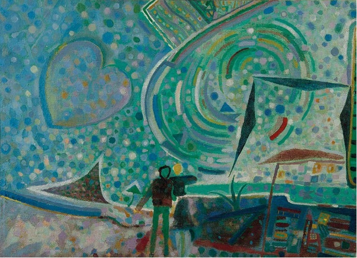 A Walk, 1992. Oil on board-mounted fabric, 41.7 x 58 cm. Collection of Gennady Pliskin