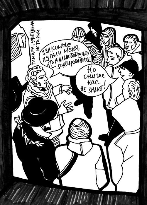 Tamara, a teacher and historian (left): “My acquaintances tried to scare me by saying the truckers were zombies.” Man in black hat (right): “They don’t even know us.”