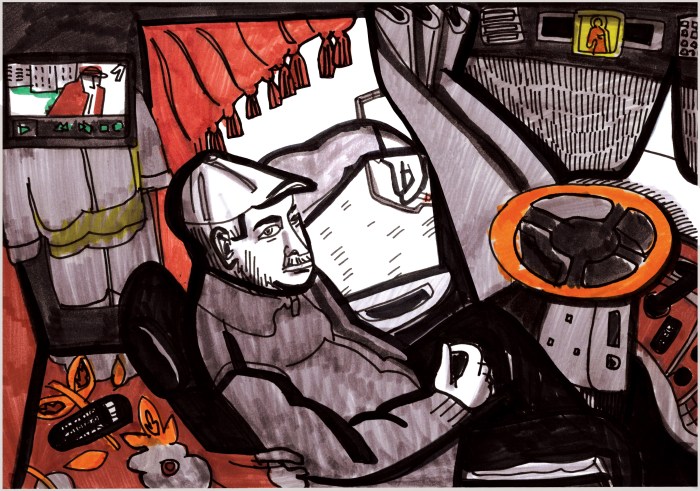 Oleg in the cab of his rig