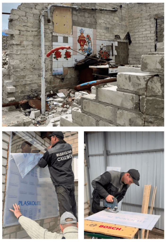 Collage de tres fotografías: una casa semidestruida por los ataques rusos y personal de la organización “SOS Este” reparando ventanas y cortando madera.